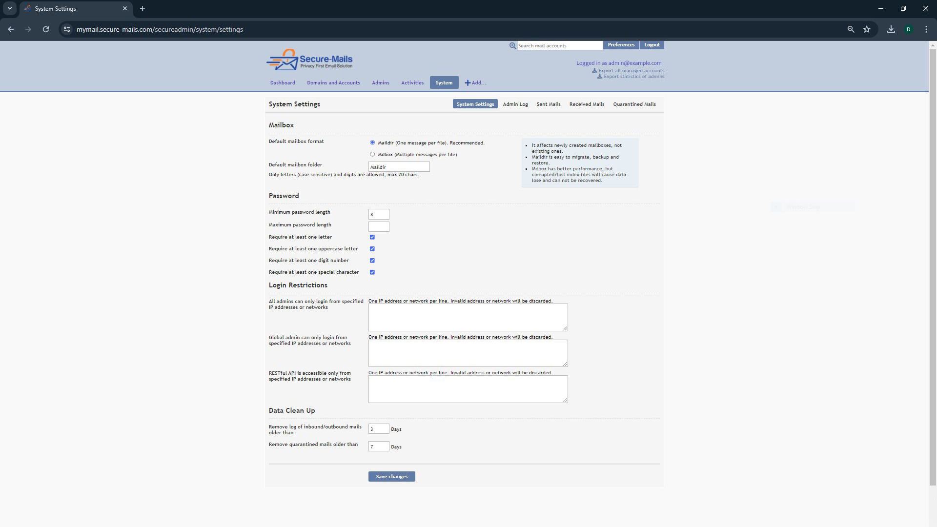 Secure-Mails System Settings