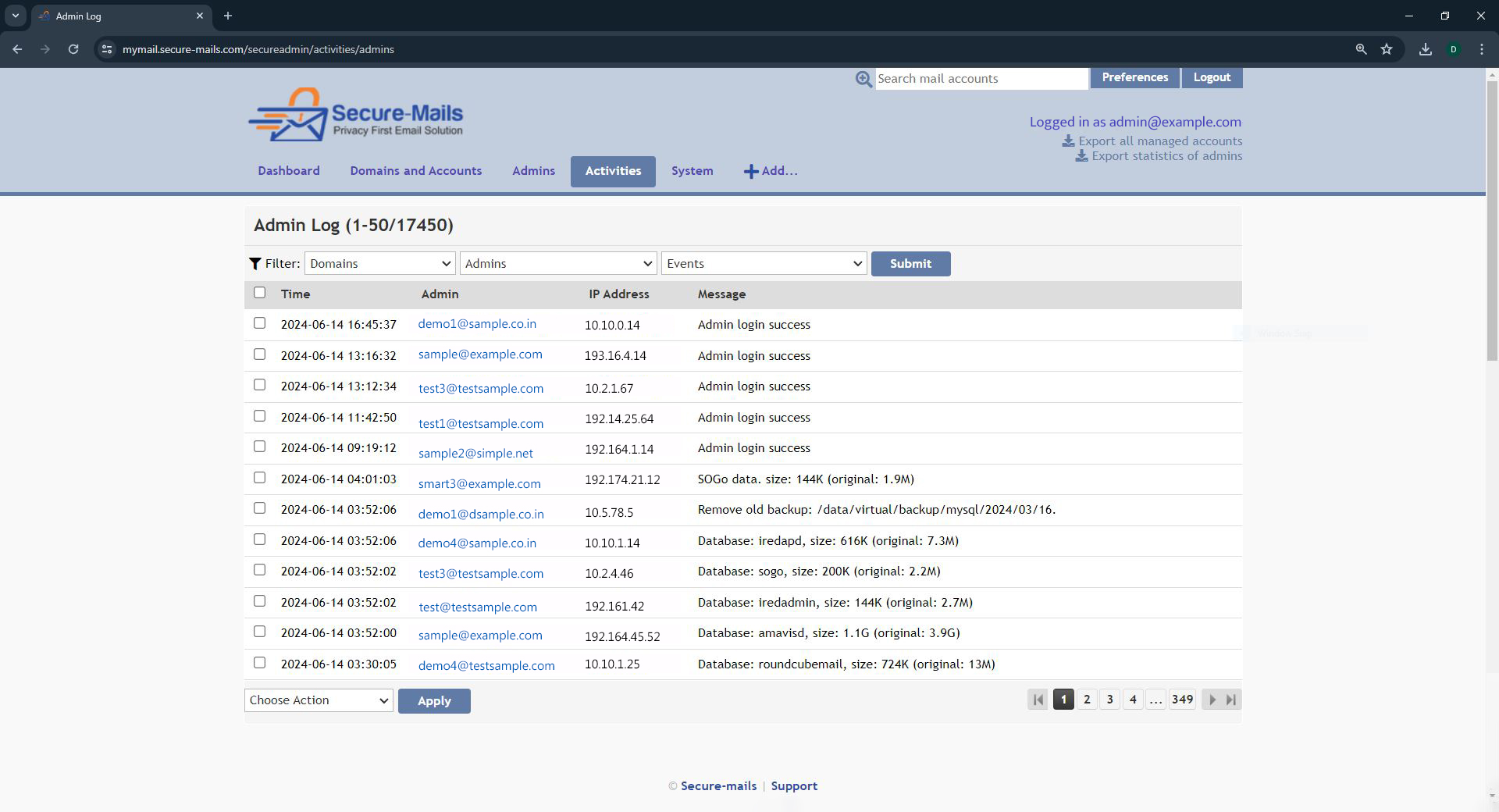 Secure-Mails Admin Activities Log