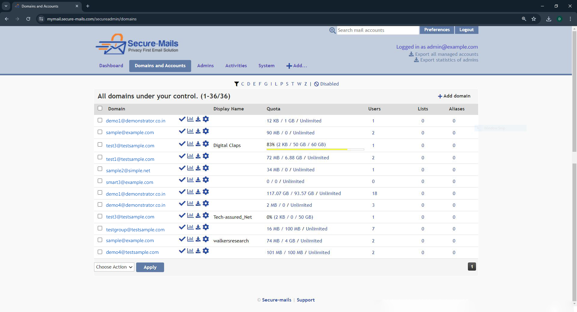 Secure-Mails Domains & Accounts